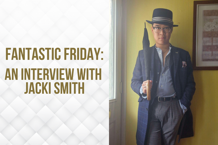 White background with the text "Fantastic Friday: An interview with Jacki Smith" on the left, and a person in a suit and hat, holding an umbrella on the right.