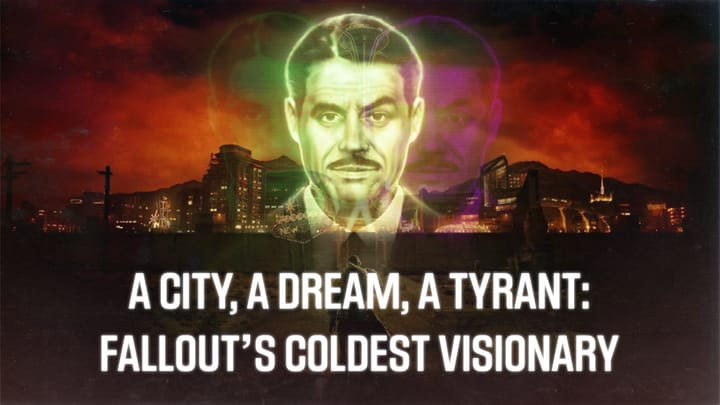A glowing green hologram of Mr. House looms over a ruined city at sunset, flanked by red and purple echoes. Below, the Lucky 38 glows. Text reads: “A City, A Dream, A Tyrant.”